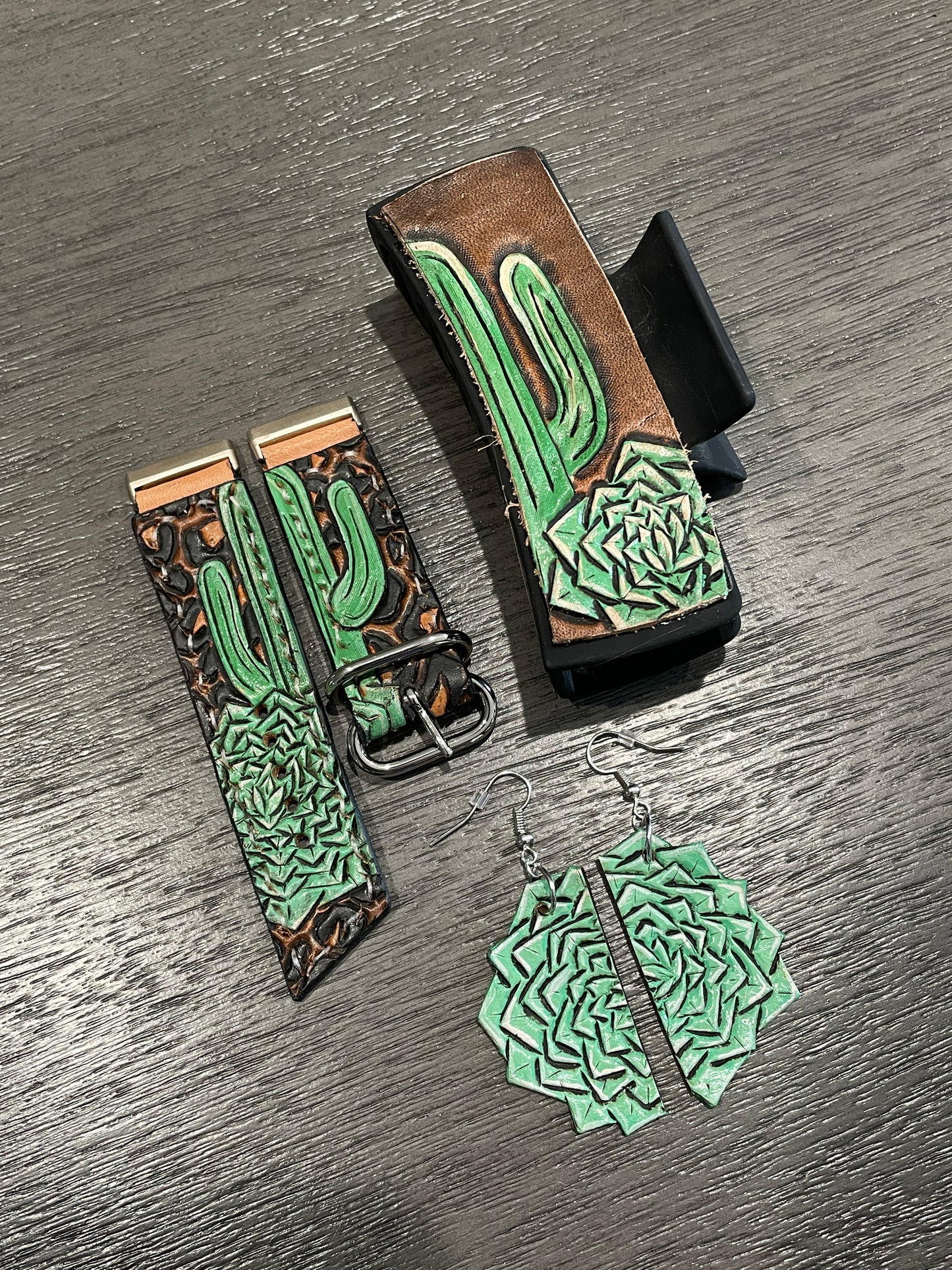 CUSTOM Tooled Watchband, Hair Clip and Earrings SET